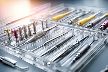 Aufkleber - Organized Dental Tray With Implants and Surgical Tools Under Soft Lighting in a Clinical Setting Generative AI