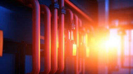 Poster - Industrial pipes illuminated by warm light in a modern facility, showcasing advanced technology