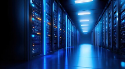 Aufkleber - A futuristic data center corridor illuminated by blue lights, showcasing rows of servers