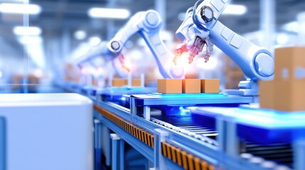 Aufkleber - Robots assembling boxes on a conveyor belt in a high-tech warehouse with automated systems