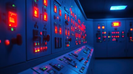 Aufkleber - Control room filled with vibrant red and blue lights, showcasing advanced technology in action