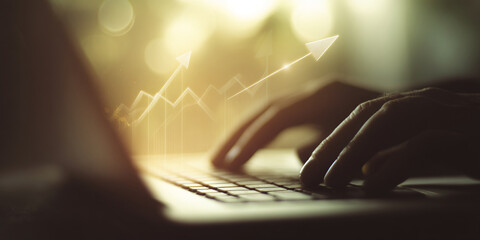Poster - Hands typing on laptop keyboard, upward trending graph glowing above, symbolizing business growth and success, ideal for financial or technology concepts