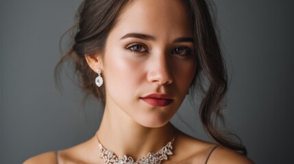Poster - The elegant subject exudes beauty with a poised expression, adorned with stunning jewelry, set against a neutral backdrop in a well-lit studio. The atmosphere radiates grace and sophistication