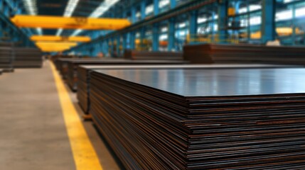 Poster - Steel sheets stacked in a large industrial warehouse, showcasing manufacturing processes and equipment