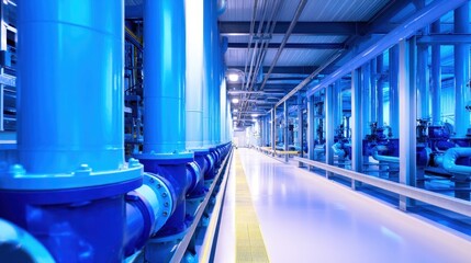 Poster - Industrial water treatment facility showcasing blue pipes and machinery in a well-lit environment