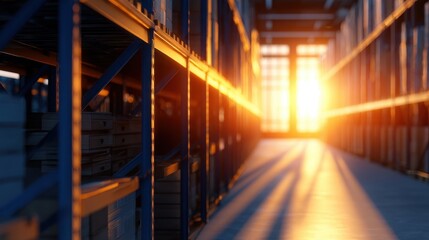 Poster - Sunset illuminating a warehouse aisle filled with stacked boxes, creating long shadows