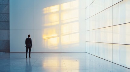 Poster - A business professional wearing a suit stands quietly in a minimalist office environment, contemplating future possibilities as soft light cascades through the expansive windows at sunset