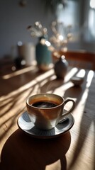 Poster - a serene coffee ritual unfolds in a sunlit space. a warm cup of coffee sits on a table, surrounded b