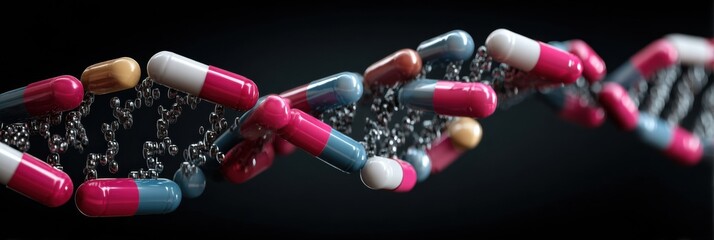 Poster - DNA Helix Concept Created From Interconnected Colored Pills and Capsules Representing Health and Science Innovations Generative AI