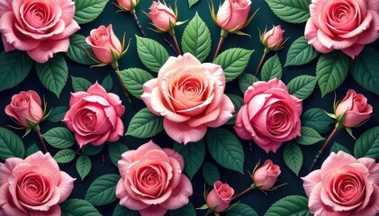 Wall Mural - intricate blooming roses, lush leaves repeat seamlessly , illustration, flowers, leaves