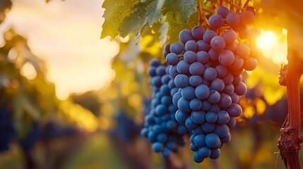 Poster - Clusters of ripe grapes hang in a vineyard as the sun sets, casting warm hues across the landscape, highlighting nature's beauty in late summer