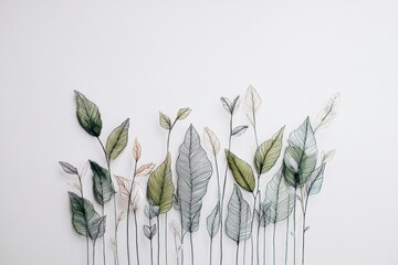 Aufkleber - Intricate Hand-Drawn Botanical Illustration of Diverse Leaves on a Minimalistic White Background Generative AI
