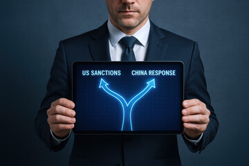 Poster - A businessman evaluates strategic decisions shown on a tablet displaying diverging market paths representing US sanctions and China response to guide business growth and leadership