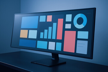 Poster - A sleek ultrawide monitor displays a vibrant dashboard geometric charts and graphs symbolizing business strategy decision-making and growth efficiency on a modern workspace