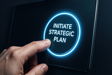 Poster - A hand pressing a glowing start button on a sleek glass interface symbolizes making a decisive business decision to initiate a strategic plan fostering innovation and growth