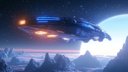 Wall Mural - 3d render of a dark spaceship hovering above jagged mountains in a starry, alien landscape.