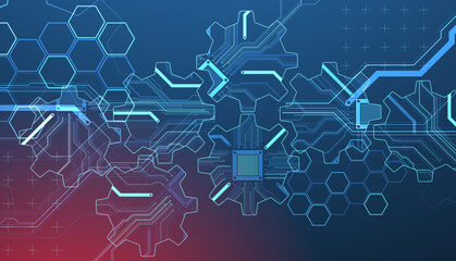Fototapete - Stylized view of gears integrated with microcircuits. Concept of combining mechanics and electronics. Vector