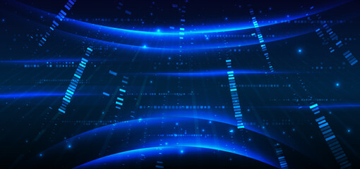 Poster - Abstract technology futuristic glowing lines neon blue light ray on dark blue background with square pattern digital element.