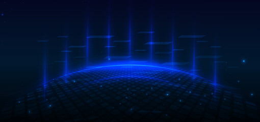 Poster - Technology futuristic glowing lines neon blue light ray on dark blue background with square pattern digital element.