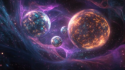 Wall Mural - Digital illustration of three spherical objects within a nebula-like space filled with colorful energy strands.