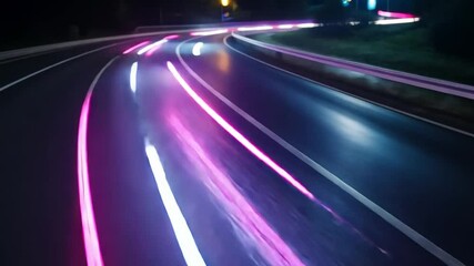 Poster - Colorful Light Trails on Winding Road Dynamic Night Movement of Vehicles on Asphalt Highway