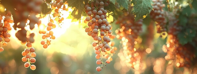 Poster - Ripe grapes dangle from lush vines illuminated by warm sunlight in a vineyard. This picturesque setting showcases the beauty of nature during the harvest season