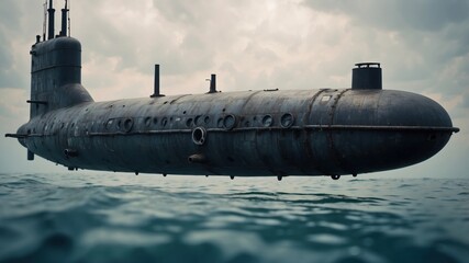 Vintage submarine surfacing on ocean, featuring weathered hull, cylindrical shape, and viewport array beneath a cloudy sky.