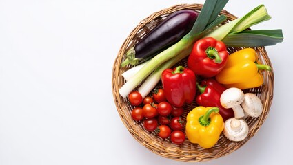 Poster - A woven basket filled with various fresh vegetables such as carrots, peppers, onions, celery, and garlic.