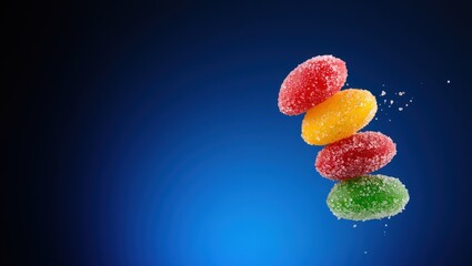 Poster - Gummy bears in mid-air against blue background.