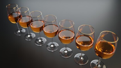 Poster - A row of wine glasses filled with amber liquid, possibly whiskey or brandy, arranged on a black surface.