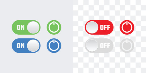 Switch button icon set.  On, Off vector set colors.Blue, green, Red and grey On app interface slide buttons.Material design switch buttons set. Vector illustration.