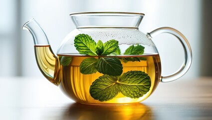 Aufkleber - A glass teapot filled with mint tea, sitting on a wooden surface.