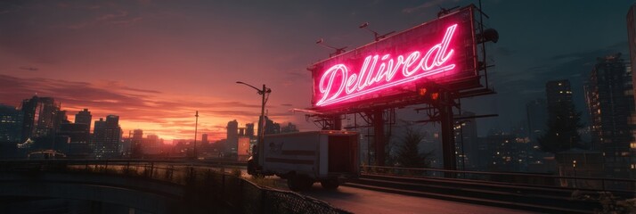 Poster - Giant Glowing Delivered Sign Shines Over a Sunset City With a Moving Truck on a Highway Generative AI