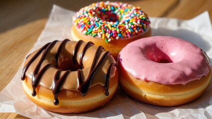 Poster - Four donuts on a paper tray, each with different frosting and toppings: chocolate, sprinkles, pink icing, and plain glaze.
