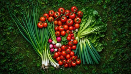 Aufkleber - A vibrant assortment of fresh vegetables arranged in the shape of a heart on a grassy surface.
