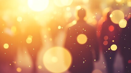 Aufkleber - blurred image of people walking in a city at sunset, warm golden and orange tones, bokeh effect, out