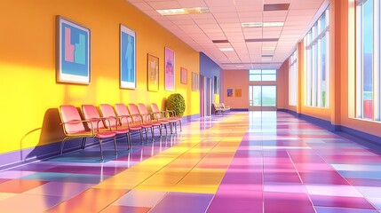 Poster - Brightly lit hallway with colorful tiled floor, yellow walls adorned with abstract art, and rows of pink chairs. Sunlight streams through large windows, creating a cheerful and welcoming atmosphere