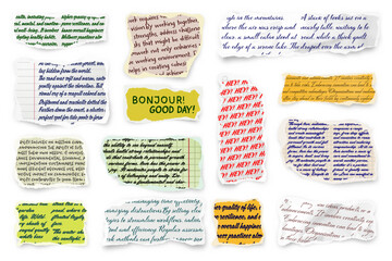 Wall Mural - Ripped paper strips with handwritten text. Realistic crumpled paper scraps with torn edges. Shreds of notebook, book or old newspaper pages. Trendy collage elements. Vector illustration