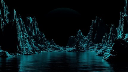 Poster - Abstract digital landscape featuring glowing teal mountains and a dark body of water reflecting the light, set against a black background with a large, dark orb in the distance. The style is