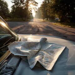 Aufkleber - A well-used road map is spread across the hood of a classic car. The sun sets in the distance, illuminating a peaceful, unpaved road surrounded by trees, inviting adventure