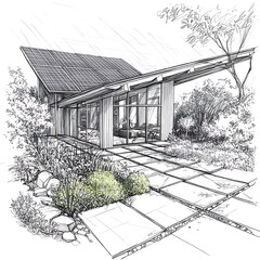 Poster - Sketch of a modern house with a slanted roof, large windows, and a patio. The house is surrounded by landscaping and pathways. The drawing is done in black and white with shades of gray, creating a