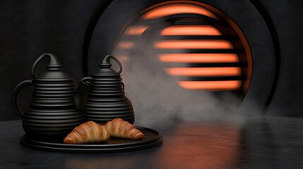 Poster - Two black ceramic coffee pots and two croissants on a black tray sit on a dark surface, with a warm orange light glowing from a circular opening in the background, creating a moody and mysterious