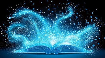 Leinwandbilder - Glowing blue particles emerge from an open book against a black background. The light is magical and ethereal, creating a mystical atmosphere. The book is dark blue, and the particles resemble stars