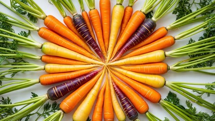 Poster - A bunch of carrots in various colors arranged in a circle on a white background.