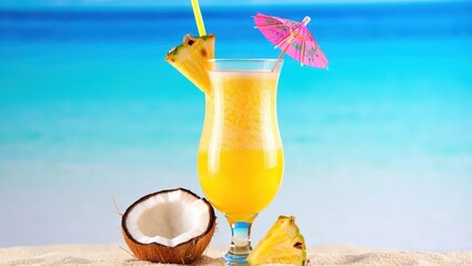 Aufkleber - A tropical cocktail on the beach with a straw hat and a slice of pineapple.