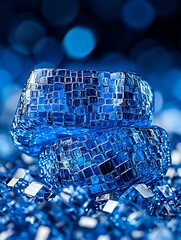 Poster - Close up view of two vibrant blue mosaic glass objects, resting on a bed of smaller blue crystals. The objects have a geometric, tessellated design, reflecting light. The background is a blurred deep