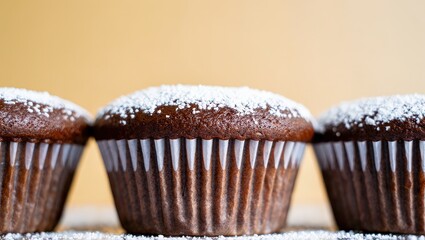 Poster - Three chocolate cupcakes with white frosting and sprinkles on top, arranged in a row on a yellow surface.