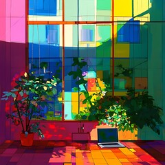 Poster - Vibrant digital painting of a room interior with a large window showing colorful cityscape. Two potted plants flank a laptop on a table. Warm, colorful lighting creates shadows on the floor. The