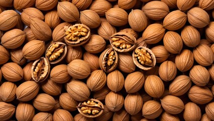Aufkleber - A close-up view of several nuts in their shells, possibly almonds or walnuts, with some already cracked open to reveal the nut inside.
