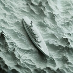 Poster - Top down view of a white ship sailing on textured, green gray waters. The ship is stylized and appears to be made of geometric shapes.  The water is rough, with a 3D textured appearance. The lighting